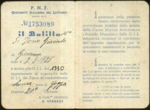 Lucera - Tessera di appartenenza alla G.I.L. del Balilla Giacinto Di Iorio (XVI E.F. - 1938) - Foto di Walter Di Pierro