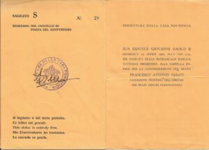 Lucera - Chiesa di San Francesco - Canonizzazione di S. Francesco Antonio Fasani a Roma 13 Aprile 1986 - Invito del Papa per la partecipazione alla cerimonia - Foto di Vincenzo Di Siena