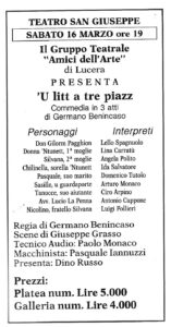 Lucera - Gruppo Teatrale Amici dell'Arte 1985 - 'U litt a tre piazz' - Locandina