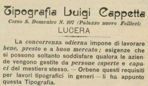 Lucera - Cappetta Luigi - Tipografia - Dal giornale il Saraceno 1911 - Foto di Antonio Iliceto