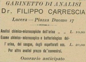 Lucera - Carrescia Filippo - Gabinetto di analisi in piazza Duomo - Da 'La Busta' 1900 - Foto di Antonio Iliceto