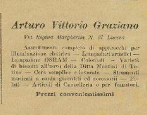 Lucera - Graziano Arturo Vittorio -Negozio di illuminazione in Via Regina Margherita 37 -Dal "IL SARACENO" 1912 - Foto di Antonio Iliceto