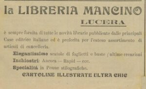 Lucera - Mancino Libreria - Pubblicità del 1911 tratta da 'Il Frizzo' - Foto di Tom Palermo